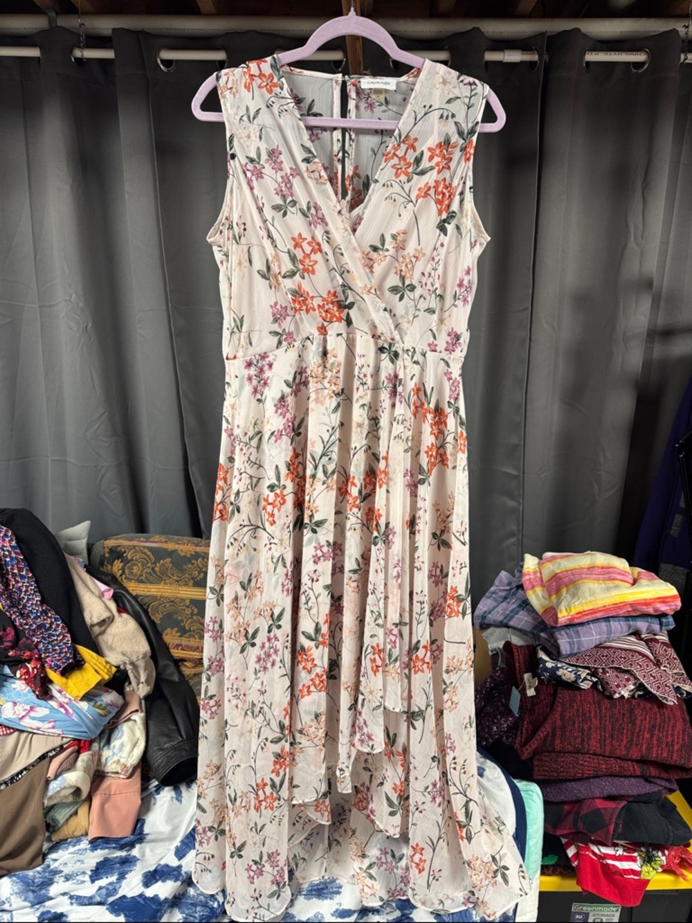 Calvin Klein Cream Floral High-Low Wrap Dress with Orange & Pink Blooms